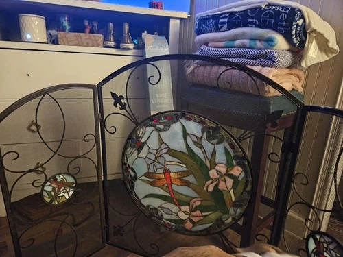 Tiffany Style Stained Glass Dragonfly Fireplace Screen 3-Panel Metal Mesh Decor