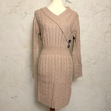 NWT Womens Cable Knit Shawl Collar Sweater Dress M Taupe Faux Wrap Quiet Luxury