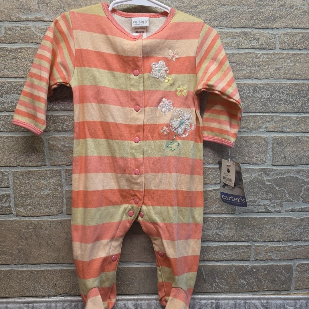 Baby Girl Clothes New Vintage Carter's 3-6 Month Striped Flower Footed Outfit
