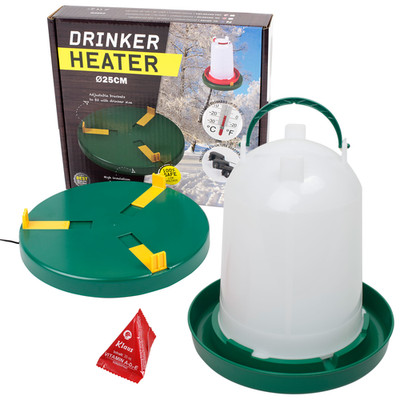 Tränkenwärmer Ø25cm + Tränke 6 Liter + Vitamine, Heizplatte Wärmeplatte Geflügel