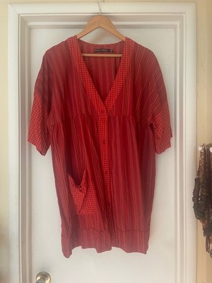 Gudrun Sjoden Woven Cotton Striped Button Up Tunic - Orange & Brick Red, Size L