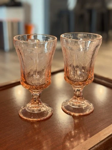 2 Vintage Indiana Glass Pink Madrid Federal Depression Water Goblets Footed Stem