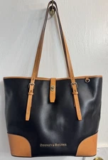 DOONEY & BOURKE LARGE CLAREMONT DOVER BLACK LEATHER TOTE W/COLORFUL LINING