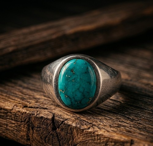 925 Sterling Silver Turquoise Gemstone Men’s Designer Signet Band Ring ...