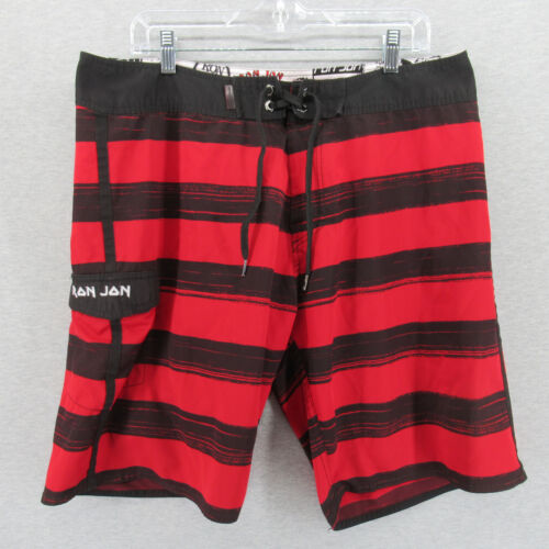 Ron Jon Surf Shop Boardshorts Mens 36 Red Black Stripes Cargo Casual Beach Light - Picture 1 of 9