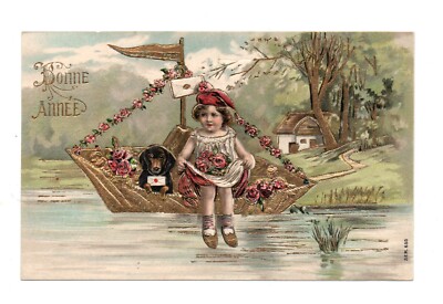 Child, dog, embossed DACHSHUND with gilding postcard 8860