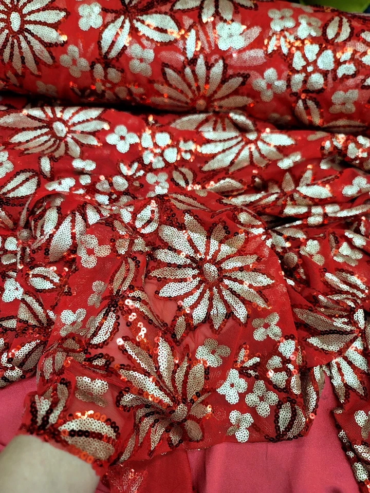 Tela por yarda roja dorada lentejuelas encaje floral bordado cuatro vías malla elástica Foto 4 de 4