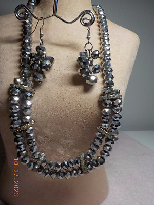 SILVER HEMATITE FACET BEADED ONE-TWO STRAND CHOKER W/RHINESTONES/MATCH EARRINGS