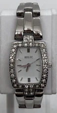 NEW LADIES RELIC WATCH Fresh Battery 6” Silver Band Iced Rectangular Dial