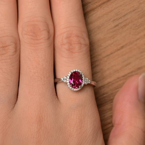 Dainty Pink Ruby Halo Ring Lab Created Gemstone 925 Sterling Silver Women Ring