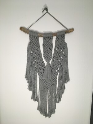 Grey Macrame Woven Driftwood Hanging Wall Art Bohemian Hippy Pagan 14'' x 25''