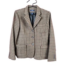 Women's Notch Lapel 3-Button Wool Blend Jacket Olive Green Brown Houndstooth 10