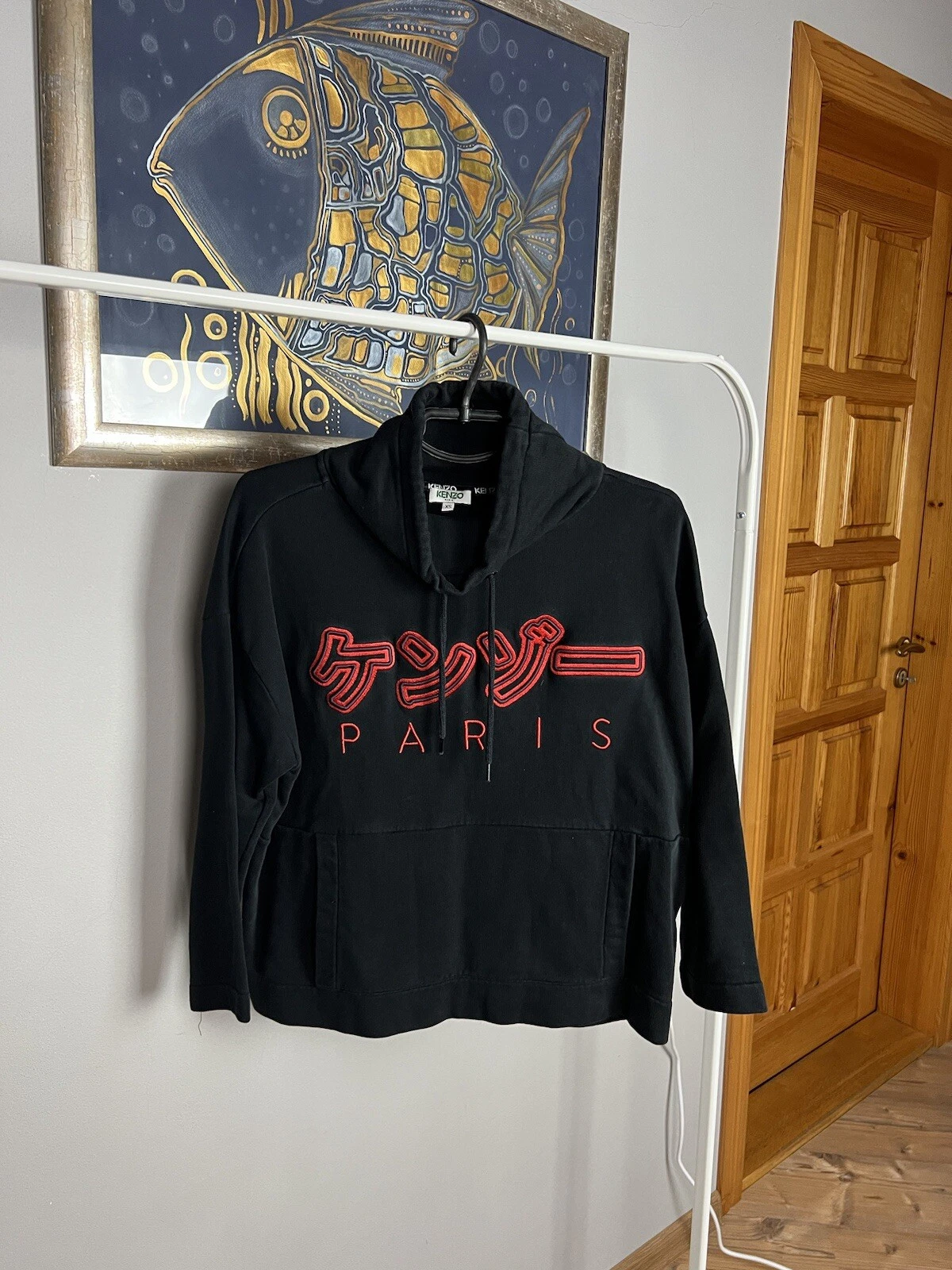 Felpa con cappuccio Kenzo Big Logo stile giapponese nera donna manica 3 4 taglia XS