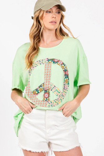SAGE & FIG PEACE SIGN FLORAL APPLIQUE TOP SAGE SIZE MEDIUM ST7304B-CUTE!!! - Picture 3 of 6