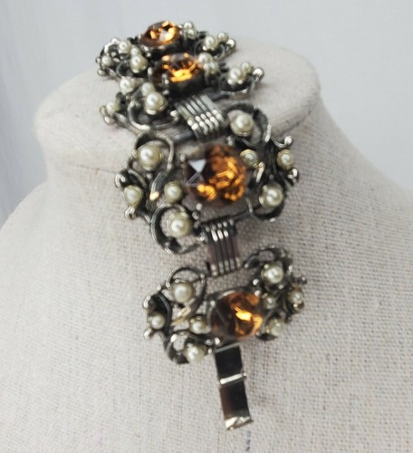 Vintage Panel Bracelet Silver Tone Faux Pearl Citrine Stones Chunky - Picture 7 of 12