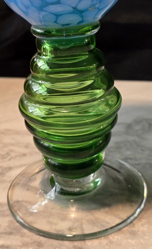 TALL HAND BLOWN EMPOLI VASE SPATTER WHITE ON BLUE TOP & GREEN BEEHIVE BASE - Picture 9 of 19