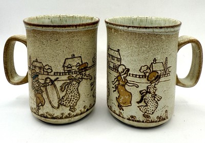 Pair Dunoon Stoneware Coffee Tea Cup Mug Children Playing Scotland RARE
