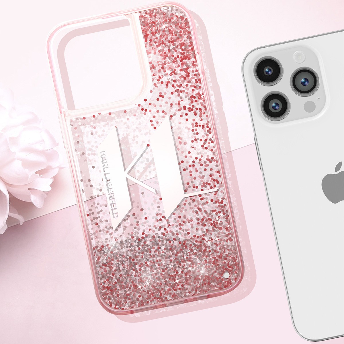 Coque iPhone 14 Pro Karl Lagerfeld à paillettes flottantes roses