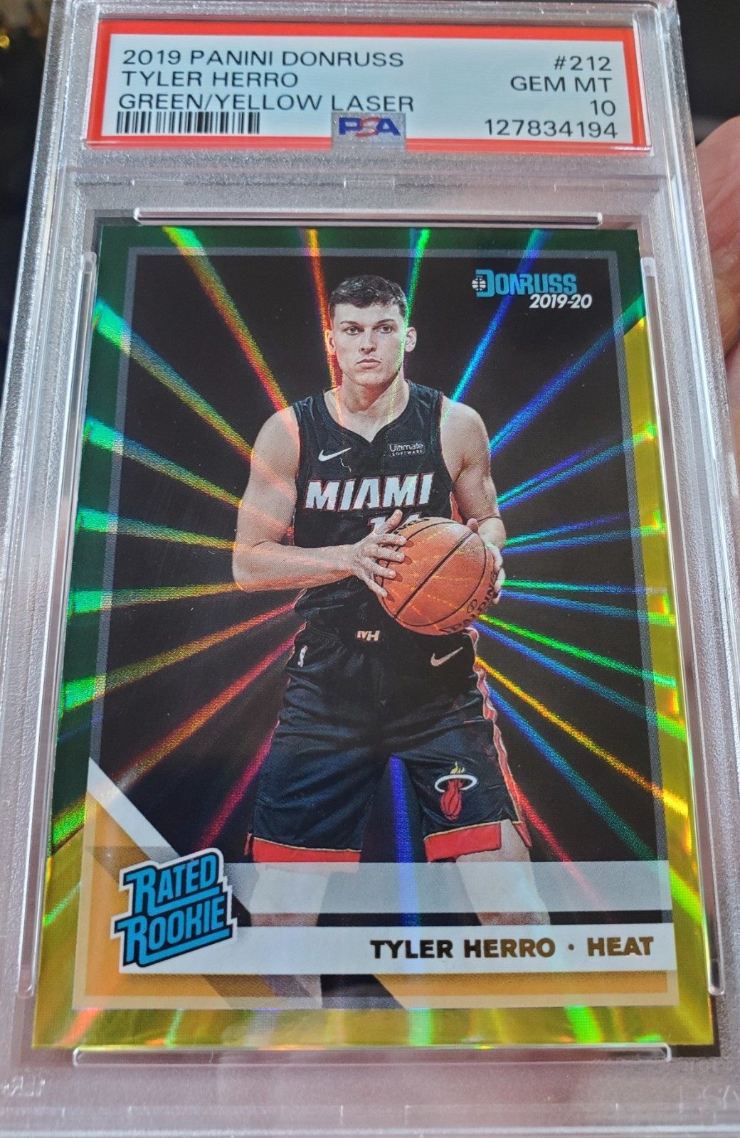 2019 Donruss TYLER HERRO #212 Green Yellow Laser Holo Rookie Card HEAT PSA 10 RC