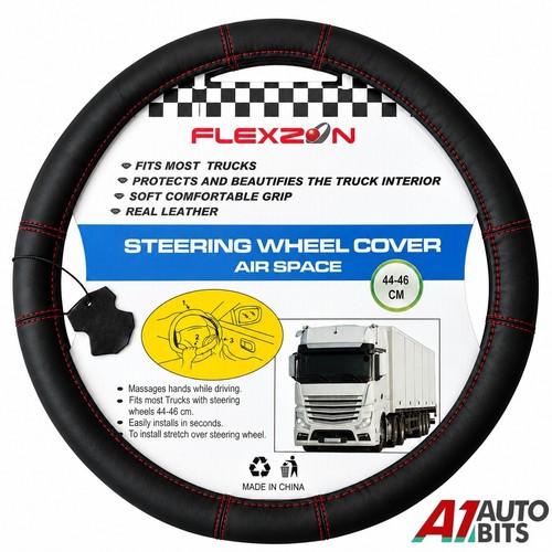 Steering Wheel Cover Protector 44-46 cm Black Leather Red Stitch Van Truck Lorry