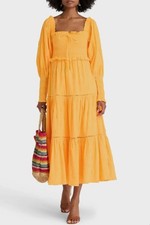 NWT FARM RIO 100% Cotton 3D Pineapple Midi Dress M Shirred Long Sleeves Orange