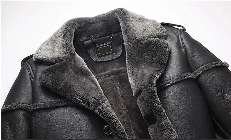 Men's Sheepskin Shearling Long Coat Retro Leisure Bomber Real Leather Overcoat - Image 2 of 4