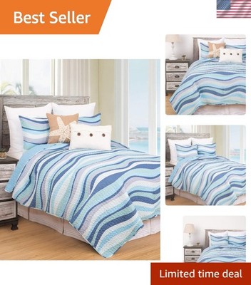 Sea Waves Blue Ocean 2-Piece Twin Quilt Set Versatile Summer Nautical Coastal...