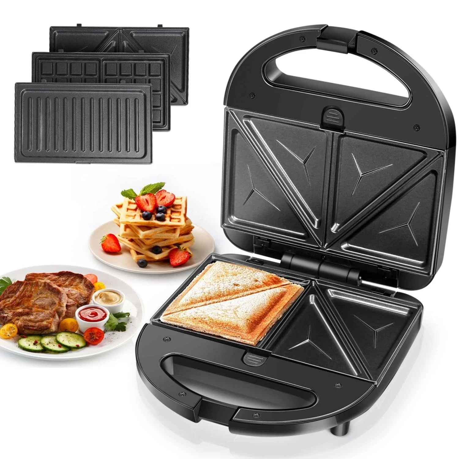 Aigostar Sandwich Maker Panini Press Grill, 3 in 1 Waffle Maker with Removabl...