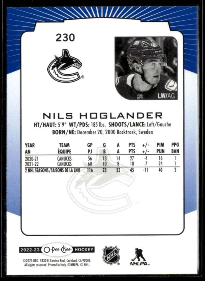 2022-23 O-Pee-Chee blue Nils Hoglander #230 H8R1H - Image 2 of 2