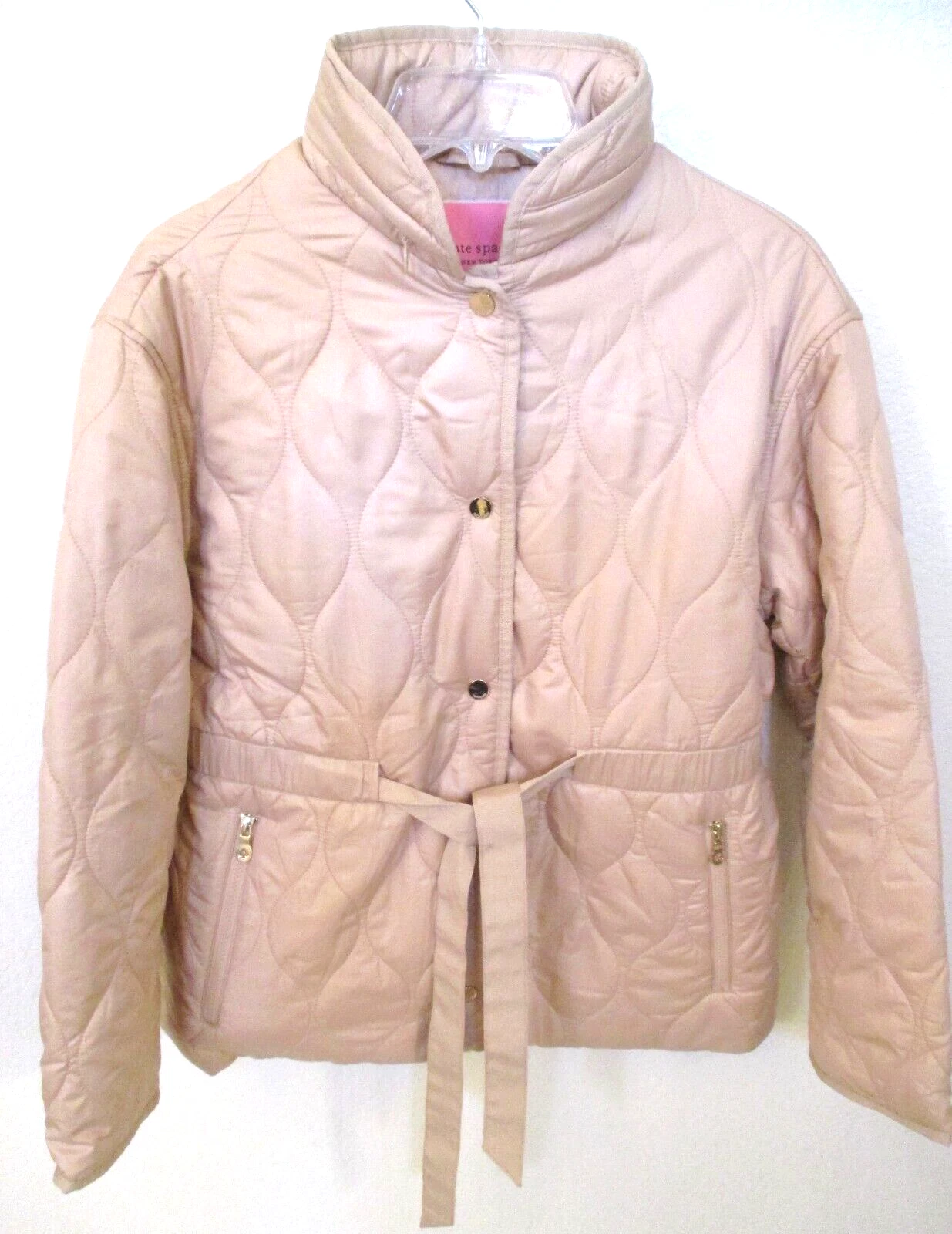 NUOVA giacca trapuntata corta con cintura Kate Spade NY con cappuccio pieghevole taglia S piccolo cachi