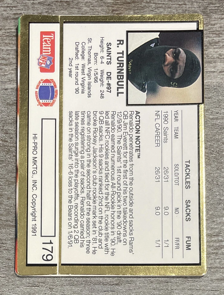 Renaldo Turnbull 1991 Action Packed Saints #179  *F618* - Image 2 of 2