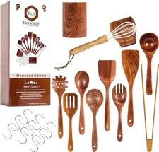 12 Pcs Wooden Spoons for Cooking Utensils, Natural Teak Wooden Cooking Spoons wi