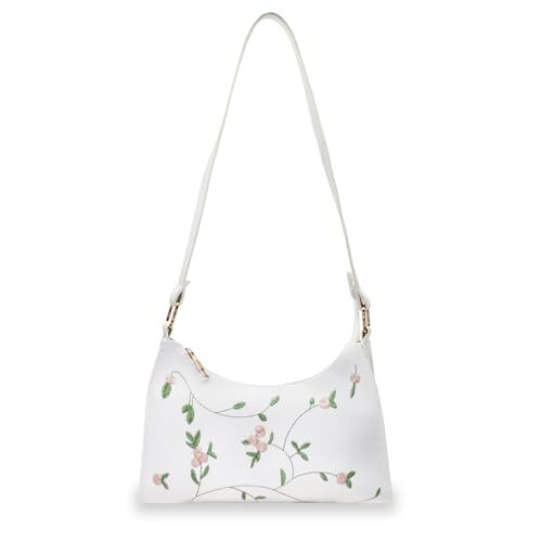Shoulder Bag for Women, Floral Embroidery Prints Mini Purses, Leather White-image