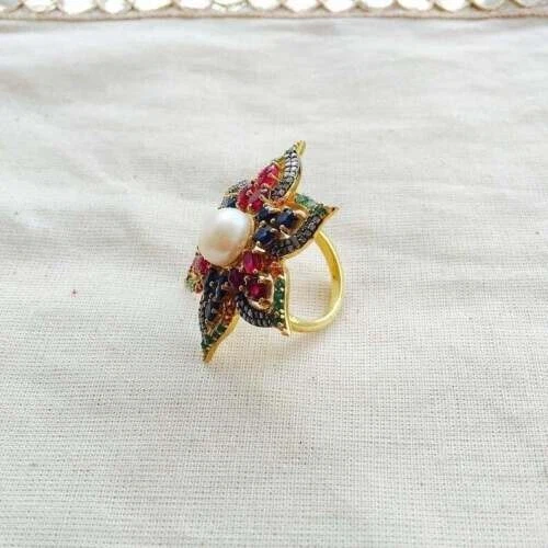 925 Sterling Silver Ring Studded Natural Em , Rub , Sapp , Pear&Pave Diamond - Image 4 of 4