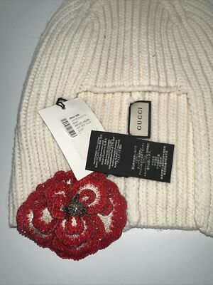 GUCCI Cleopatra Knit Hat Ivory/Red New GUCCI Cleopatra Knitted Wool Hat w/ Red Embellished  main image 2