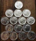 15 Philadelphia Dimes 1950 P - 1964 P  Roosevelt Dimes  Choice BU 90% Silver US