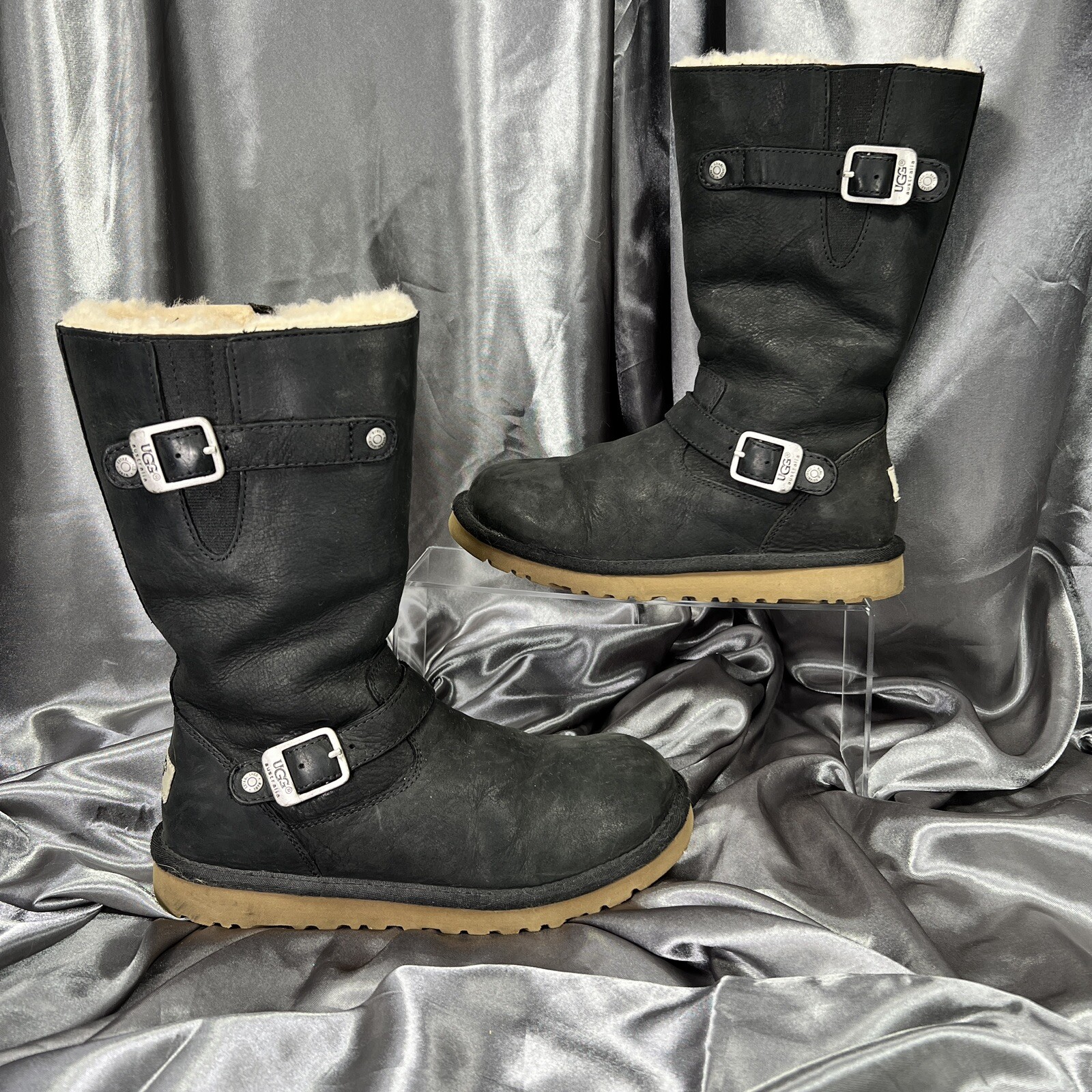 UGG Women Sutter Moto Boots Sz 4 US Black Leather Buckle Zip 1005374 Grunge Bike