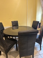 DWELL Black-Brown Round Dining Table + Glass Lazy Susan + 5 Faux-Leather Chairs 