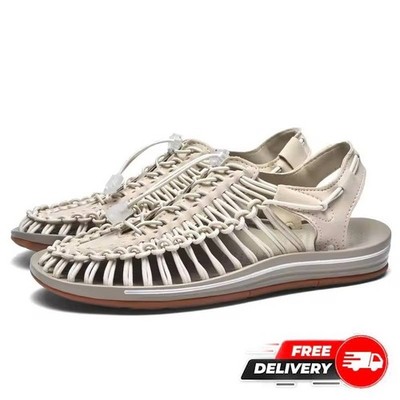 Men s Beige Summer Weave Sandals Breathable Casual Beach Flat Shoes