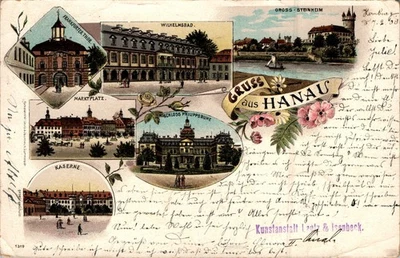 LITHO GRUß AUS HANAU MAIN KINZIG KREIS KASERNE + WILHELMSBAD 6 BILD COL. 1902 - Bild 1 von 2