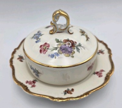 Edelstein Bavaria Maria Theresia  Domed Butter Cheese Dish Floral Gold Rimmed