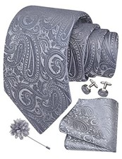 3.15"  8cm  Mens Tie and Lapel Pin Paisley Necktie Hankerchief Silver Gray