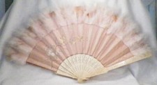 Antique Hand Fan Paint Roses Silk Satin Guards Sticks Pink Feathers Huge
