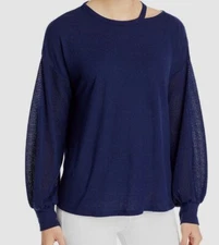 $68 Status BY Chenault Women's Blue Mixed Texture Long-Sleeve Boxy Top Size M