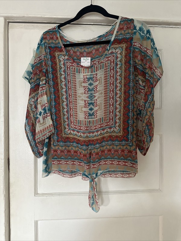 Sheer Aztec Pattern Blouse Tie Front Kimono Cap Sleeves L Nwt Live & Let Live