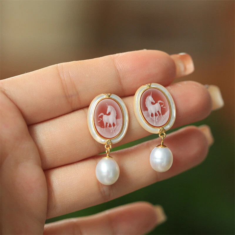 D18 Ohrringe Perle Einhorn Perlmutt blauer Achat Silber 925 vergoldet - Bild 4 von 4