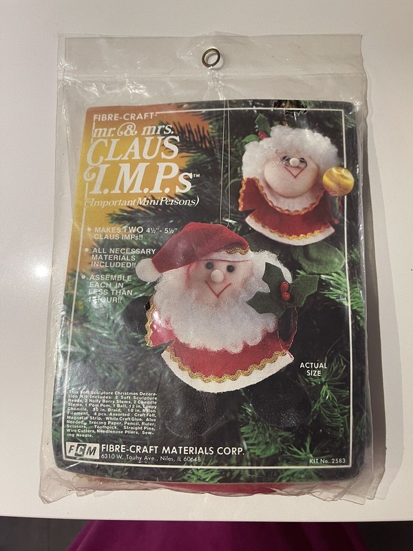 VINTAGE FIBRE CRAFT MR. & MRS CLAUS IMPS CRAFT ORNAMENTS NEW IN PACKAGE