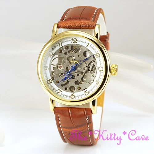 Gold Plated Mechanical Hollow Skeleton Steampunk Unisex Tan Leather Windup Watch