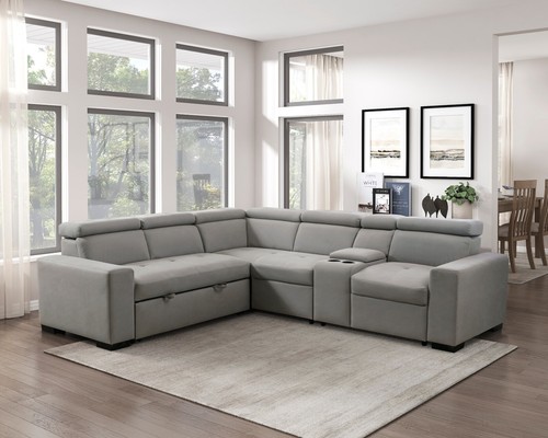 GREY MICROFIBER SOFA STORAGE SECTIONAL PULLOUT BED ADJUSTABLE HEADREST FURNITURE - Picture 2 of 13