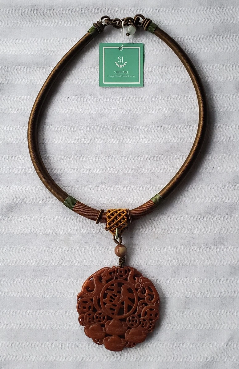 Superb SJ Pearl Necklace Silk Cord Handcarved Nephrite Jade